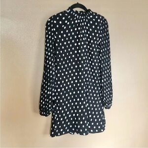 Lulus Pleat to Meet You Black Polka Dot Long Sleeve Shift Dress Size S